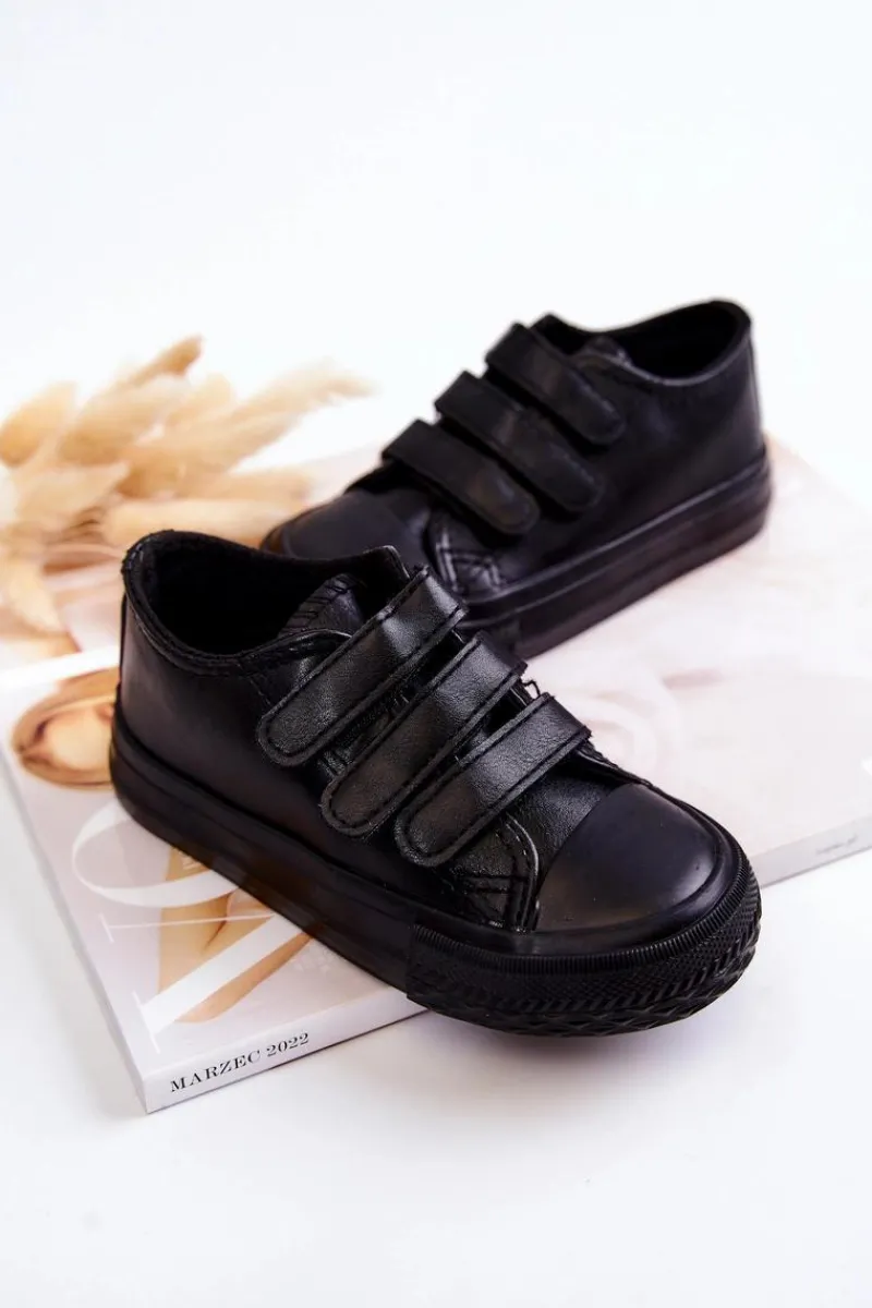 Chłopięce|Dziewczęce>Boto Dziecięce Skórzane Tenisówki Trampki Na Rzepy Czarne Foster Czarny