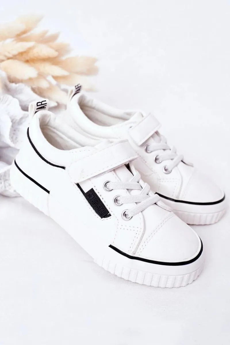 Clearance Dziecięce Skórzane Trampki Na Rzep BIG STAR HH374028 Białe Dzieci Dziewczęce|Chłopięce