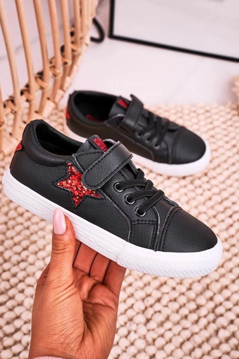 Outlet Big Star Shoes Dziecięce Skórzane Trampki Z Gwiazdą BIG STAR DD374105 Czarne