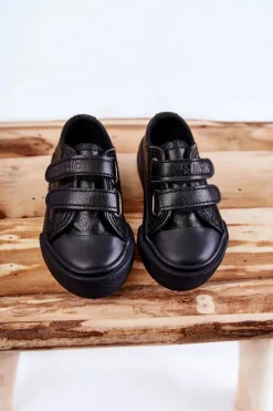 Hot Dziecięce Skórzane Trampki Na Rzep BIG STAR KK374090 Czarne Dzieci Chłopięce|Dziewczęce