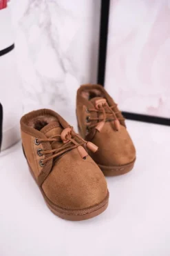Clearance Boto Dziecięce Sznurowane Śniegowce Ocieplone Futerkiem Brązowe Hunter Brązowy
