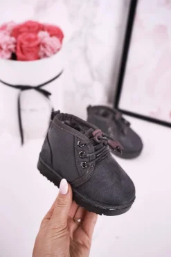 New Dziecięce Sznurowane Śniegowce Ocieplone Futerkiem Szare Hunter Dzieci Chłopięce