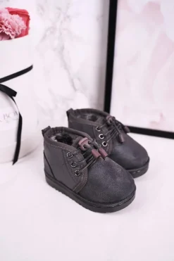 New Dziecięce Sznurowane Śniegowce Ocieplone Futerkiem Szare Hunter Dzieci Chłopięce