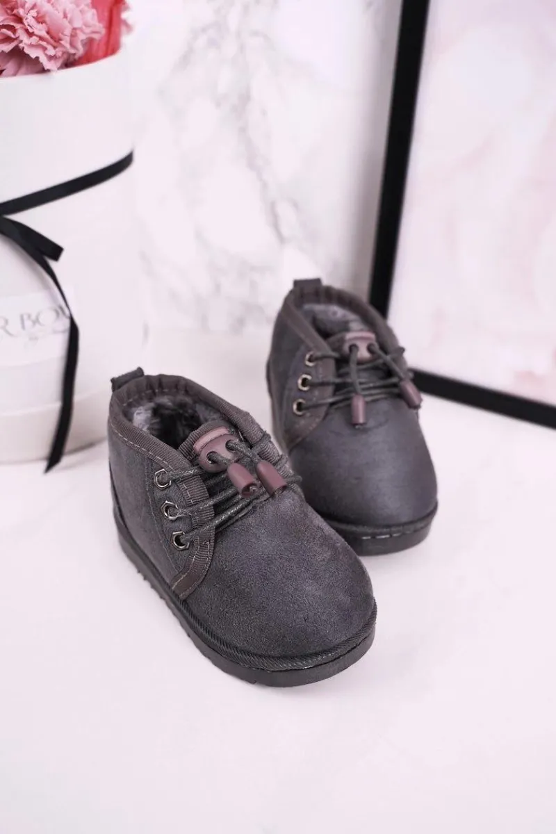 New Dziecięce Sznurowane Śniegowce Ocieplone Futerkiem Szare Hunter Dzieci Chłopięce