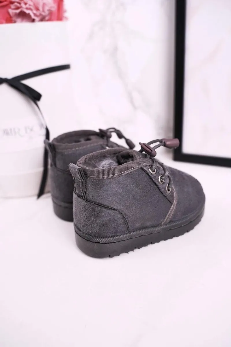 New Dziecięce Sznurowane Śniegowce Ocieplone Futerkiem Szare Hunter Dzieci Chłopięce