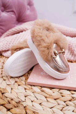 Dziecięce Tenisówki Z Futerkiem Ocieplane Champagne Grendy Dzieci Dziewczęce