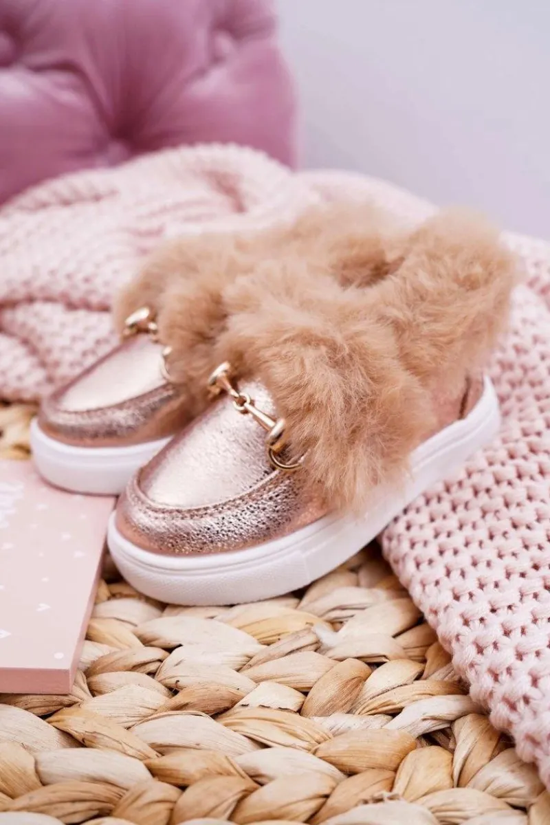 Dziecięce Tenisówki Z Futerkiem Ocieplane Champagne Grendy Dzieci Dziewczęce
