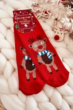 Clearance Aura.via Dziecięce Termoaktywne Świąteczne Skarpety Renifer Czerwone