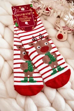 Skarpetki|Skarpetki>Aura.via Dziecięce Termoaktywne Świąteczne Skarpety W Paski Renifer Biało-Czerwone