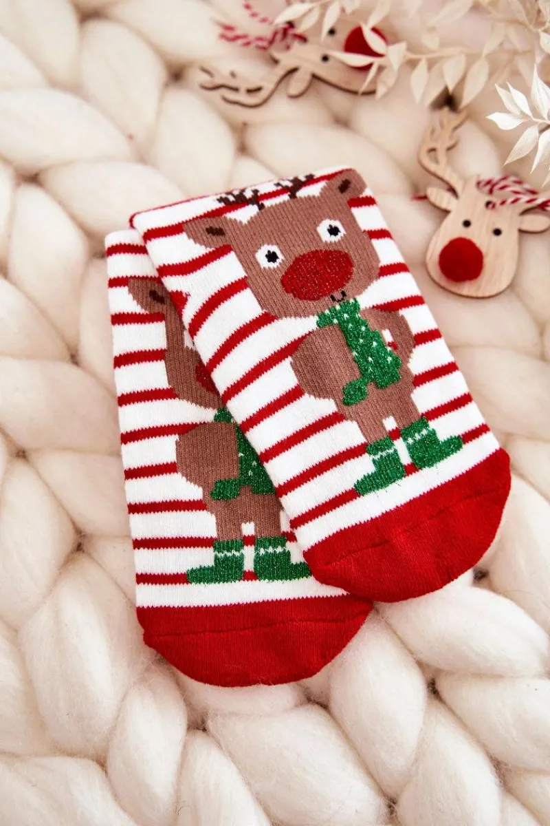 Skarpetki|Skarpetki>Aura.via Dziecięce Termoaktywne Świąteczne Skarpety W Paski Renifer Biało-Czerwone