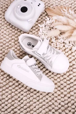 Dziewczęce>Boto Dziecięce Trampki Z Brokatem Biało Srebrne Camila