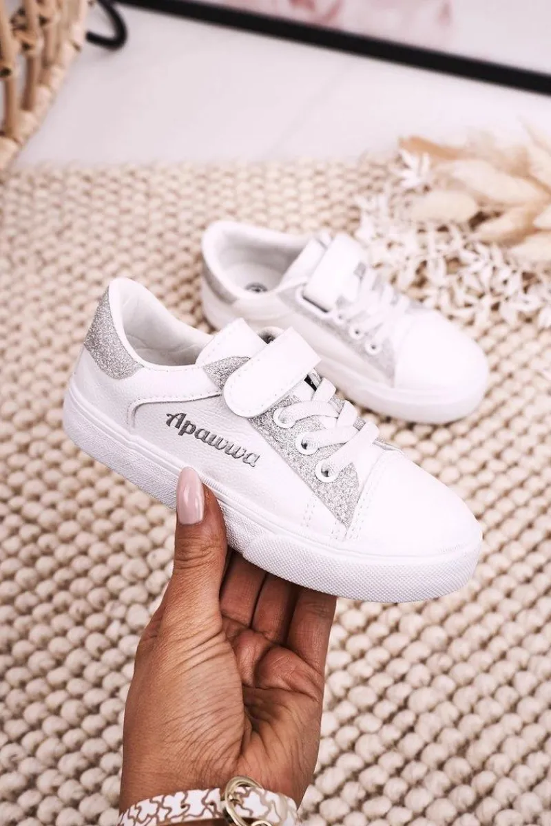 Dziewczęce>Boto Dziecięce Trampki Z Brokatem Biało Srebrne Camila