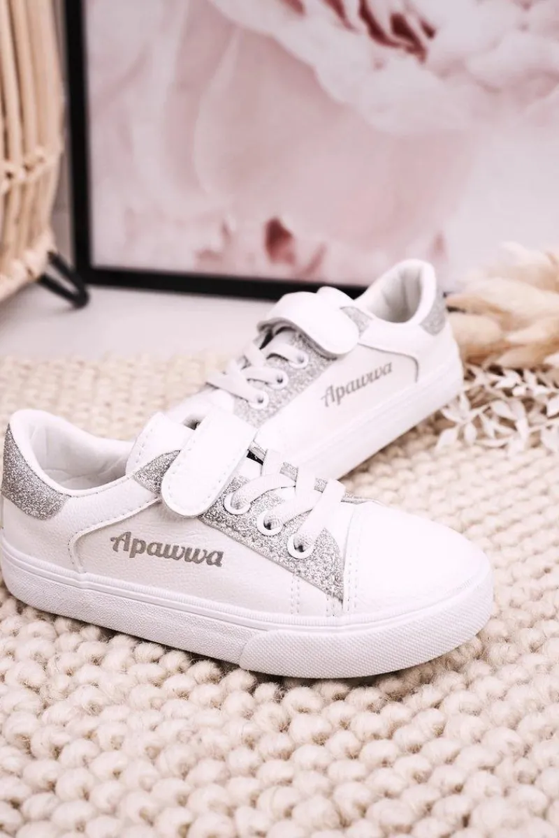 Dziewczęce>Boto Dziecięce Trampki Z Brokatem Biało Srebrne Camila