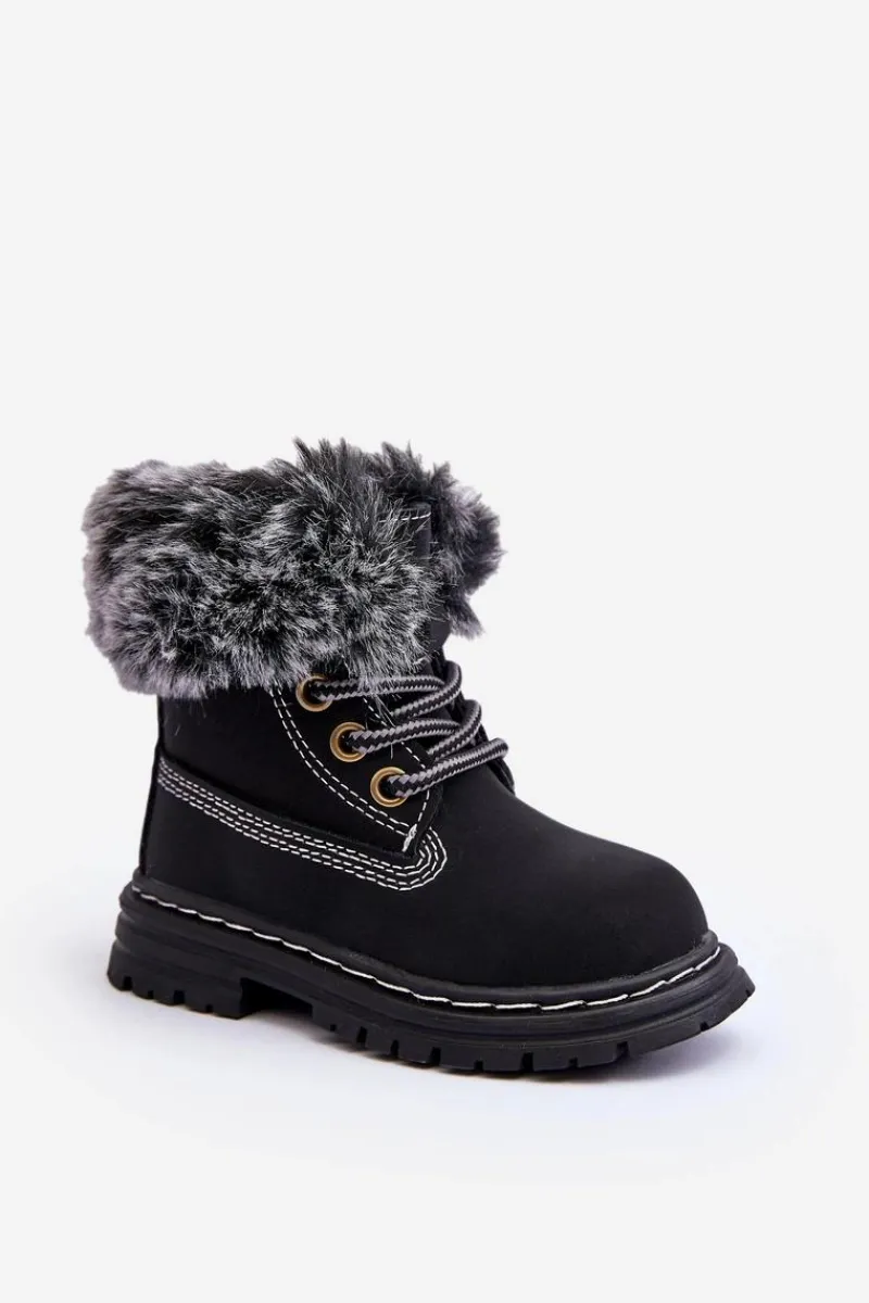 Hot Dziecięce Trapery Botki Na Suwak z Futerkiem Czarne Gerande Dzieci Chłopięce|Dziewczęce
