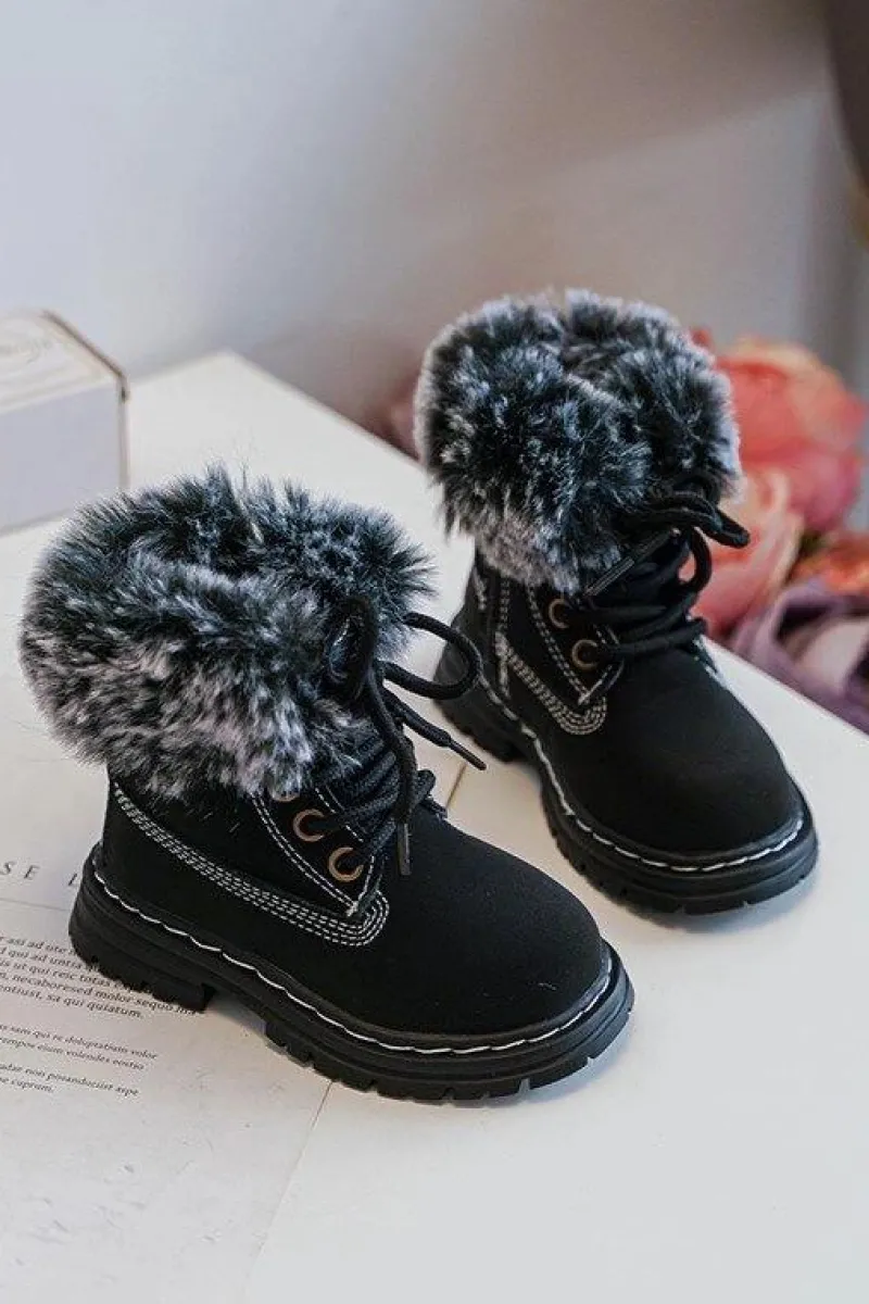 Hot Dziecięce Trapery Botki Na Suwak z Futerkiem Czarne Gerande Dzieci Chłopięce|Dziewczęce