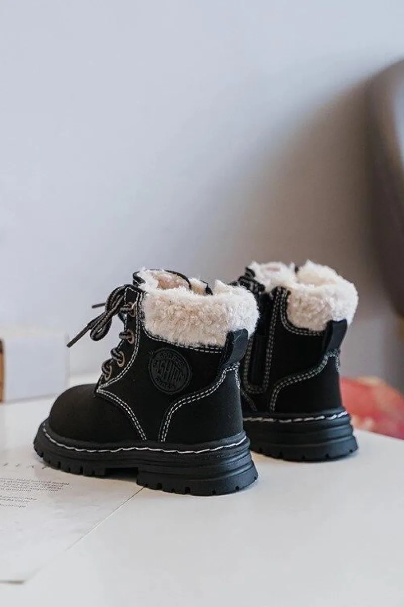 Discount Dziecięce Trapery Botki Na Suwak z Kożuszkiem Czarne Marialee Dzieci Chłopięce|Dziewczęce