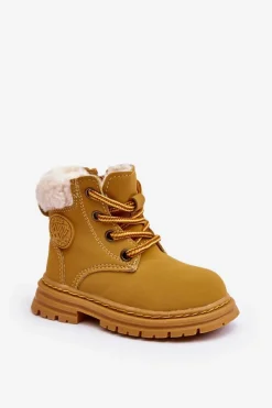 Outlet Boto Dziecięce Trapery Botki Na Suwak z Kożuszkiem Camel Marialee Brązowy