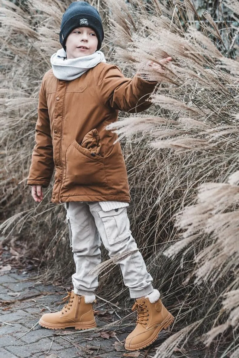 Outlet Boto Dziecięce Trapery Botki Na Suwak z Kożuszkiem Camel Marialee Brązowy