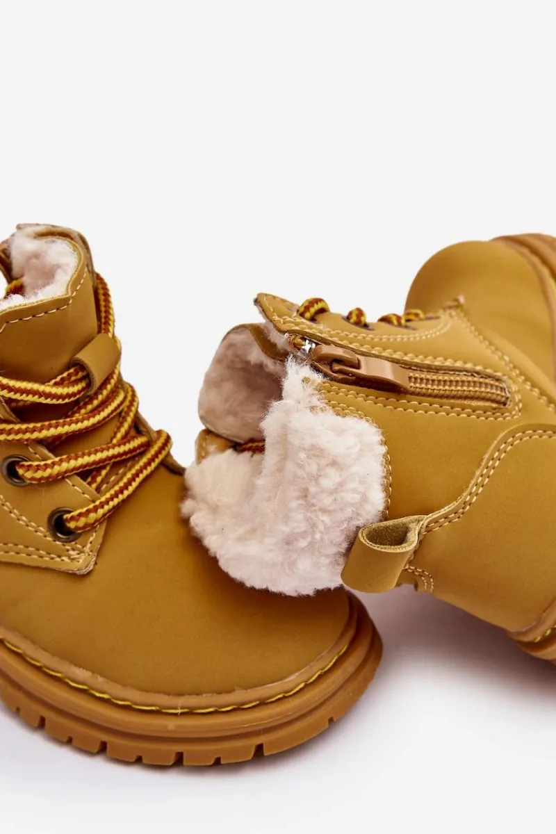 Outlet Boto Dziecięce Trapery Botki Na Suwak z Kożuszkiem Camel Marialee Brązowy