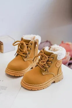 Outlet Boto Dziecięce Trapery Botki Na Suwak z Kożuszkiem Camel Marialee Brązowy