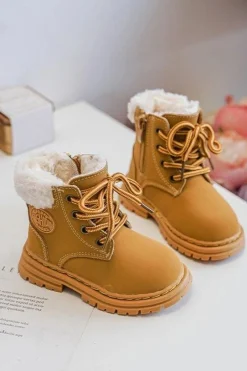 Outlet Boto Dziecięce Trapery Botki Na Suwak z Kożuszkiem Camel Marialee Brązowy
