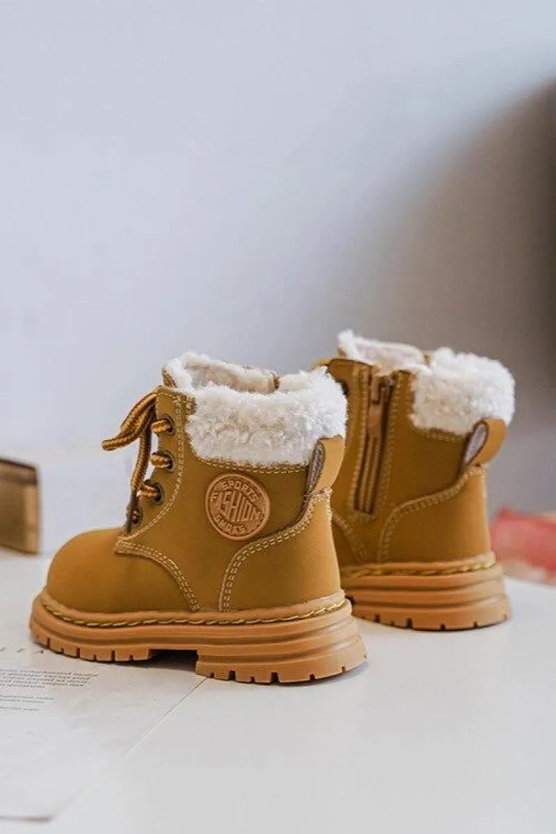 Outlet Boto Dziecięce Trapery Botki Na Suwak z Kożuszkiem Camel Marialee Brązowy