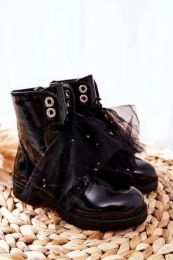 Dziewczęce>Damskie buty S.Barski Dziecięce Wiosenne Lakierowane Botki Czarne Semissa