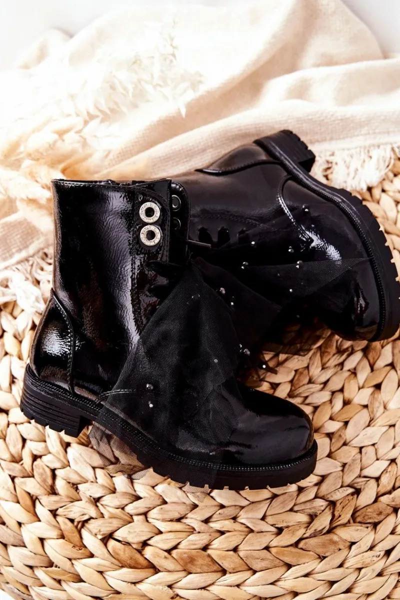 Dziewczęce>Damskie buty S.Barski Dziecięce Wiosenne Lakierowane Botki Czarne Semissa