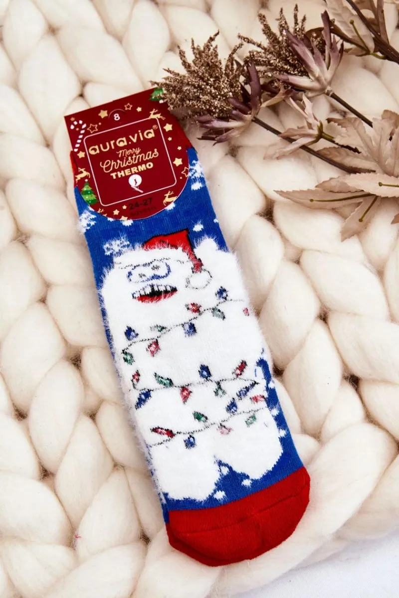 Skarpetki|Skarpetki>Aura.via Dziecięce Świąteczne Bawełniane Skarpety Termoaktywne Yeti Niebieskie