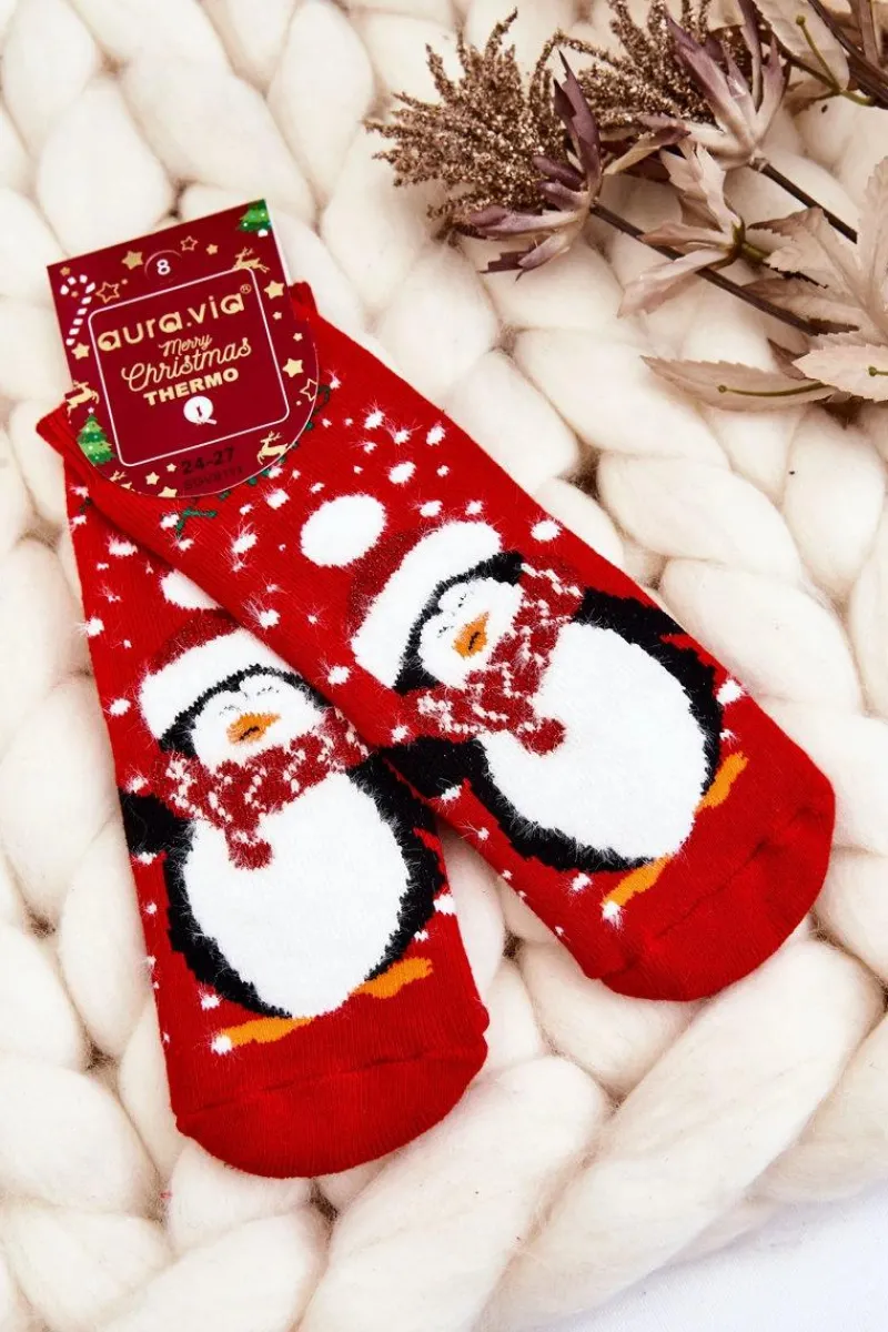Skarpetki|Skarpetki>Aura.via Dziecięce Świąteczne Bawełniane Skarpety Termoaktywne Pingwin Czerwone