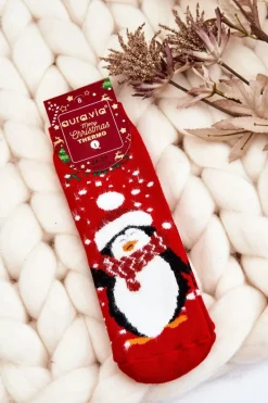 Skarpetki|Skarpetki>Aura.via Dziecięce Świąteczne Bawełniane Skarpety Termoaktywne Pingwin Czerwone