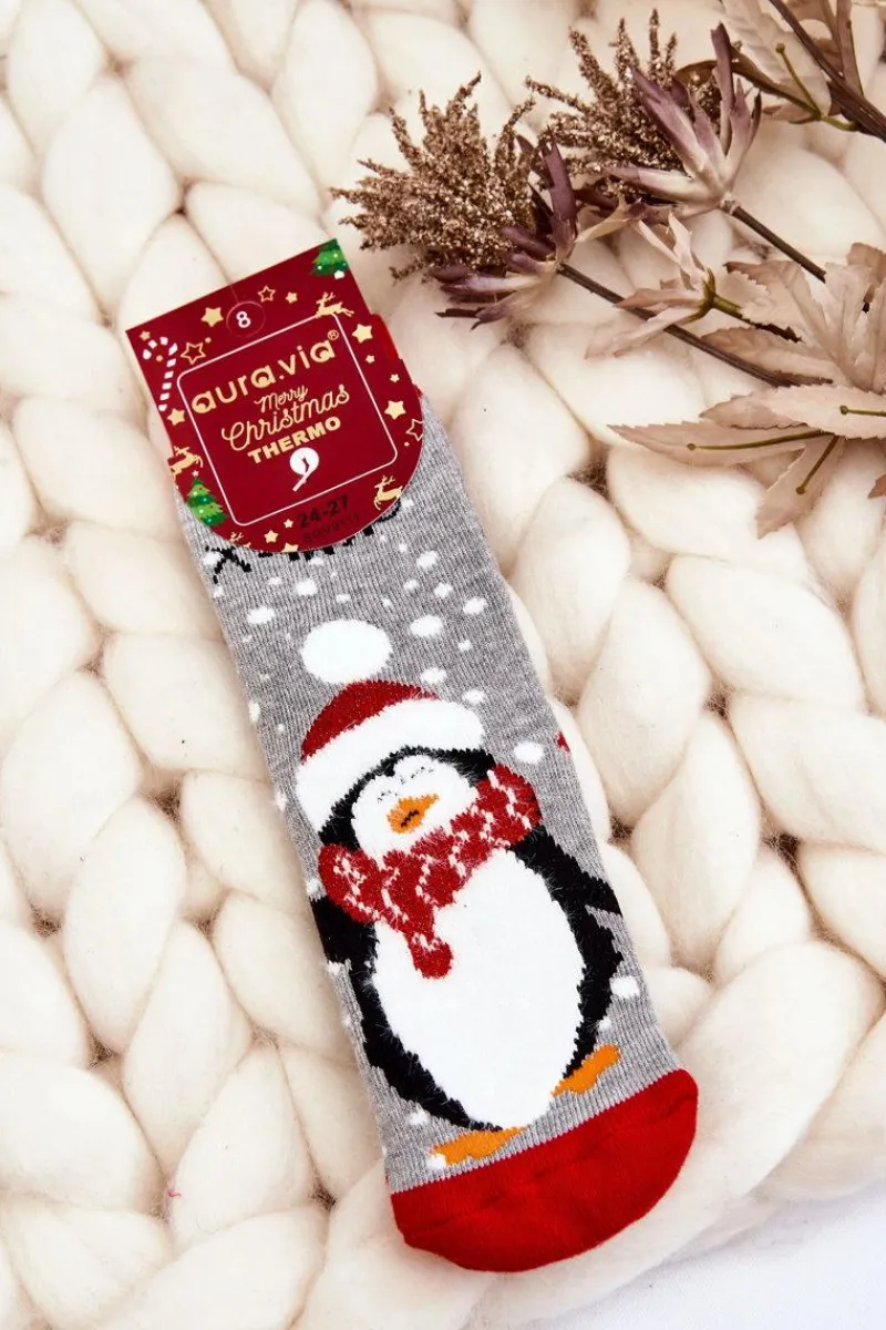 Dziecięce Świąteczne Bawełniane Skarpety Termoaktywne Pingwin Szare Skarpetki|Skarpetki
