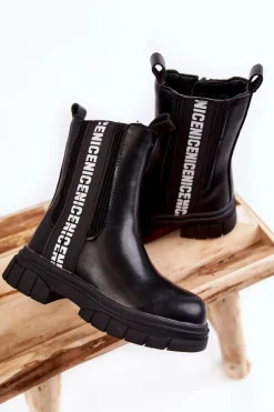 Clearance Dziecięce Wysokie Botki Ocieplane Czarne Kimmy Dzieci Dziewczęce