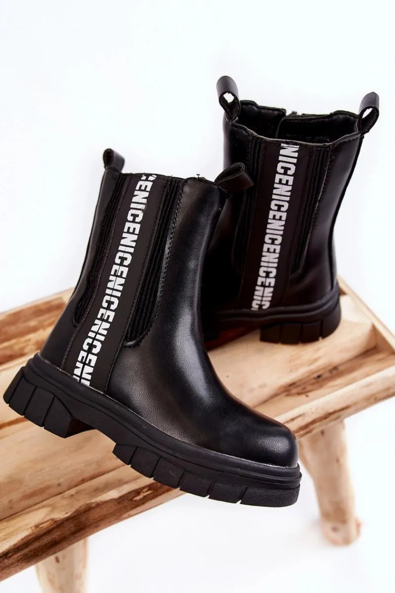 Clearance Dziecięce Wysokie Botki Ocieplane Czarne Kimmy Dzieci Dziewczęce