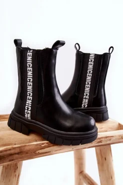 Clearance Dziecięce Wysokie Botki Ocieplane Czarne Kimmy Dzieci Dziewczęce