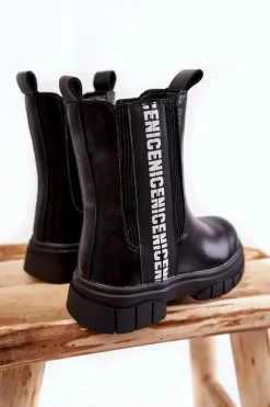 Clearance Dziecięce Wysokie Botki Ocieplane Czarne Kimmy Dzieci Dziewczęce