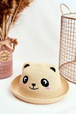 New Dziecięcy Kapelusz Na Lato Plażę Beżowy z Pandą Okrycia Głowy