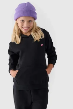 Discount 4F Dziewczęca Nierozpinana Bluza Z Kapturem Gładka Czarna JWMM00TSWSF1316-20S Czarny