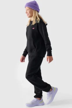 Discount 4F Dziewczęca Nierozpinana Bluza Z Kapturem Gładka Czarna JWMM00TSWSF1316-20S Czarny