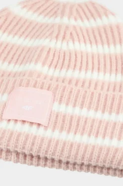 4F Dziewczęca Zimowa Czapka W Paski JWAW24ACAPF417-56S Jasnoróżowa Różowy