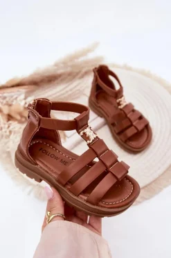 Dziewczęce>Boto Dziewczęce Sandałki Gladiatorki Ze Złotym Detalem Brązowe Vesira Brązowy