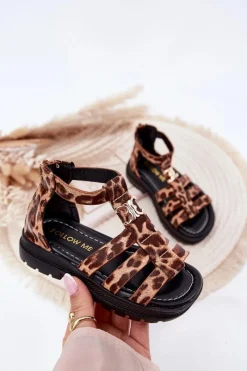 Online Boto Dziewczęce Sandałki Gladiatorki Ze Złotym Detalem Panterka Vesira Brązowy