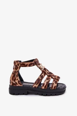 Online Boto Dziewczęce Sandałki Gladiatorki Ze Złotym Detalem Panterka Vesira Brązowy