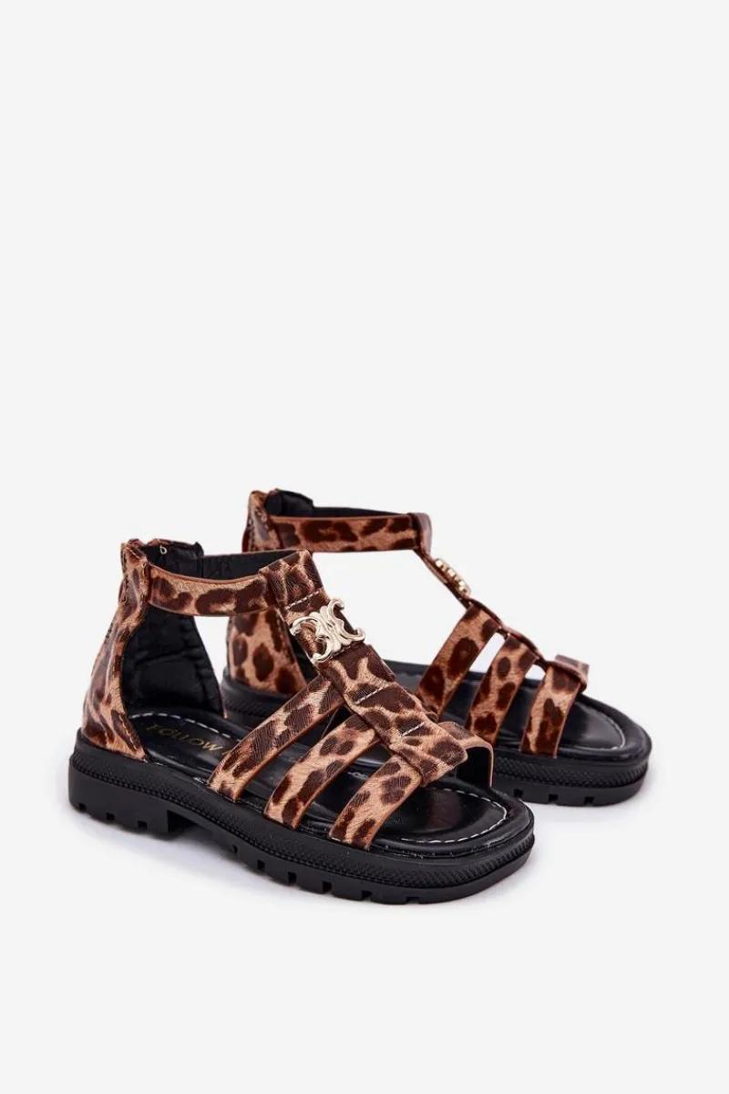 Online Boto Dziewczęce Sandałki Gladiatorki Ze Złotym Detalem Panterka Vesira Brązowy