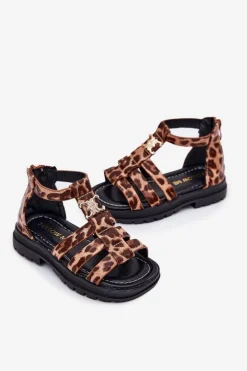 Online Boto Dziewczęce Sandałki Gladiatorki Ze Złotym Detalem Panterka Vesira Brązowy