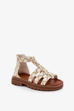 Best Dziewczęce Sandałki Gladiatorki Ze Złotym Detalem Beżowe Vesira Dzieci Dziewczęce