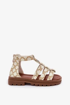 Best Dziewczęce Sandałki Gladiatorki Ze Złotym Detalem Beżowe Vesira Dzieci Dziewczęce