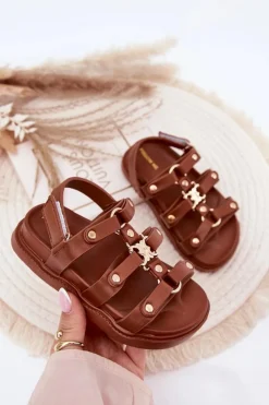 Hot Boto Dziewczęce Sandałki Ze Złotym Detalem Brązowe Lunessa Brązowy