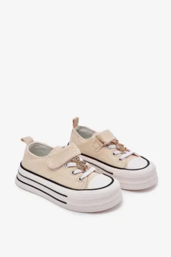 Discount Dziewczęce Trampki Ze Złotą Przypinką Miś Beżowe Solena Dzieci Dziewczęce|Back To School