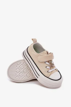 Discount Dziewczęce Trampki Ze Złotą Przypinką Miś Beżowe Solena Dzieci Dziewczęce|Back To School